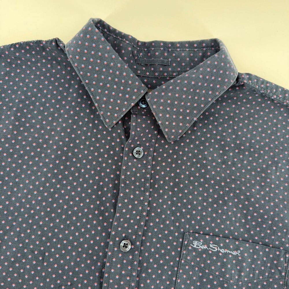 Ben Sherman Mens Navy Blue Geometric Diamond Print Short Sleeve Button Down